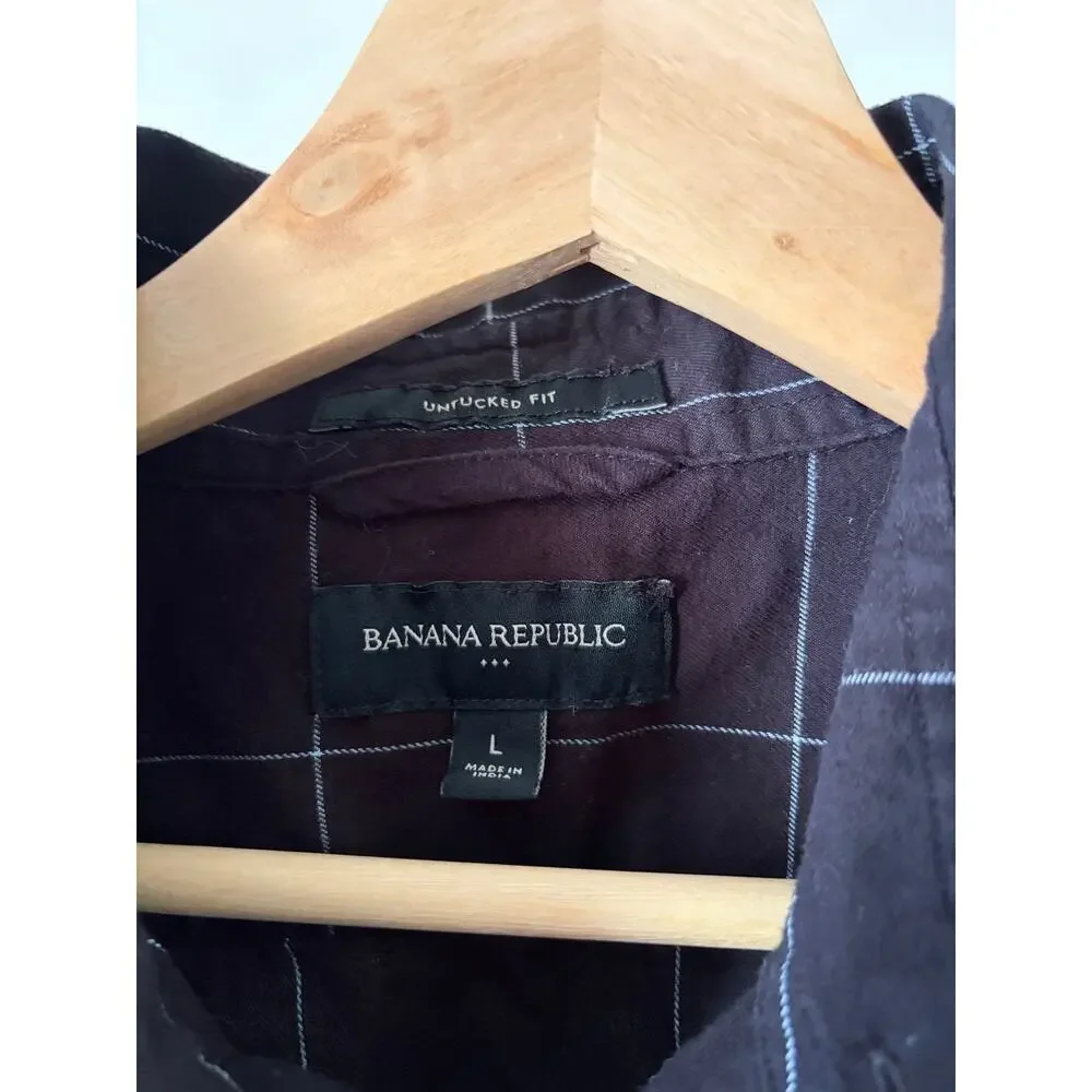 Banana Republic Untucked Fit Shirt Mens Large Black Windowpane Check Button Up
